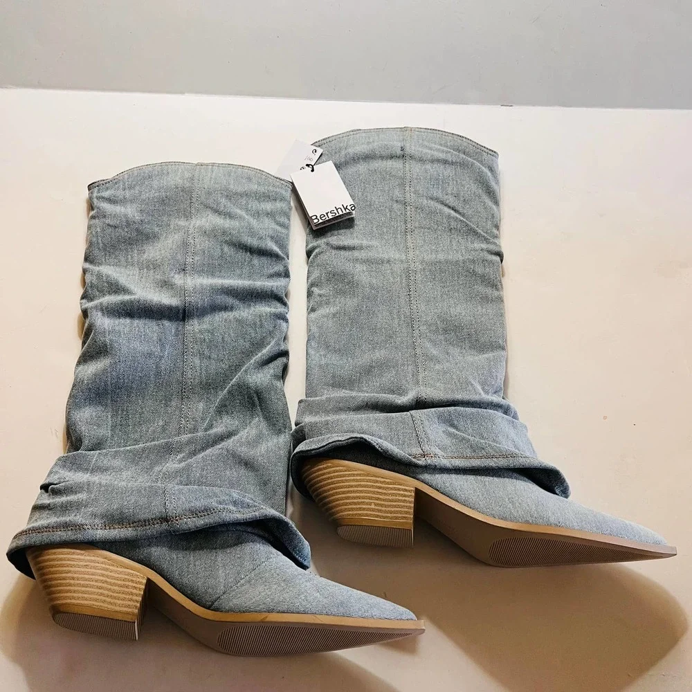 Bershka Denim Pointed Toe Layered Western Boots Size 41 NWT Blue - Picture 6 of 7